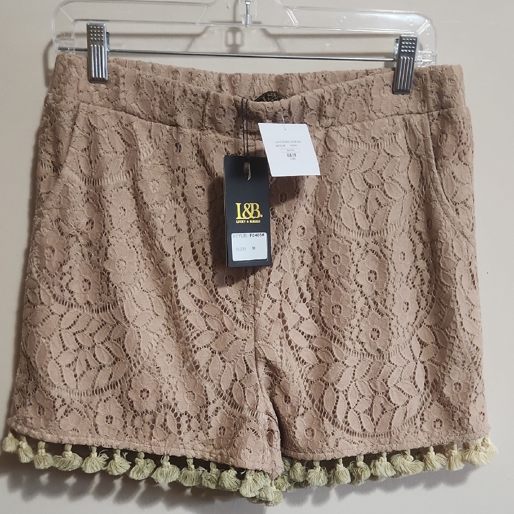 L&B Women's Beige Lace Shorts with Tassels Size Medium